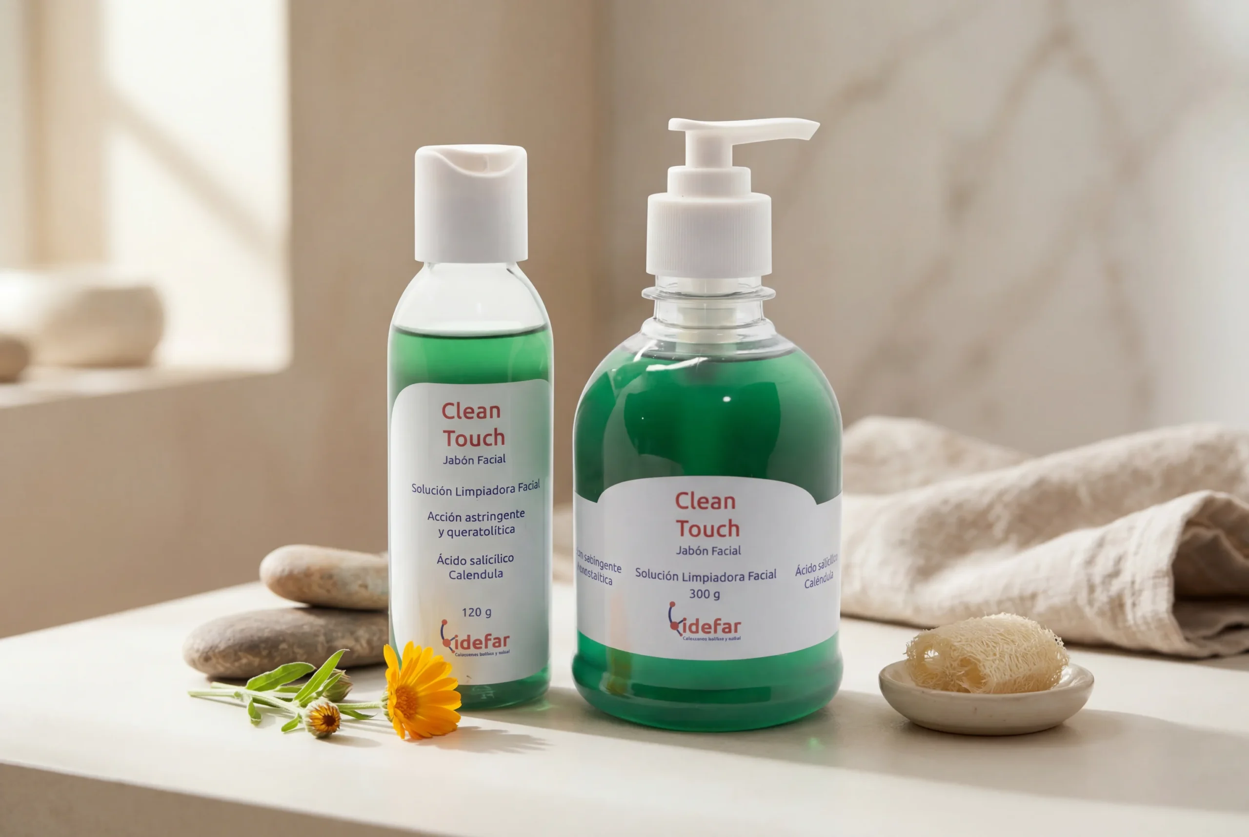 Clean Touch — jabón junto a lavamanos con caléndula decorativa